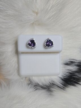 Heart-Shaped Purple Crystal Stud Sterling Silver Earrings with Halo